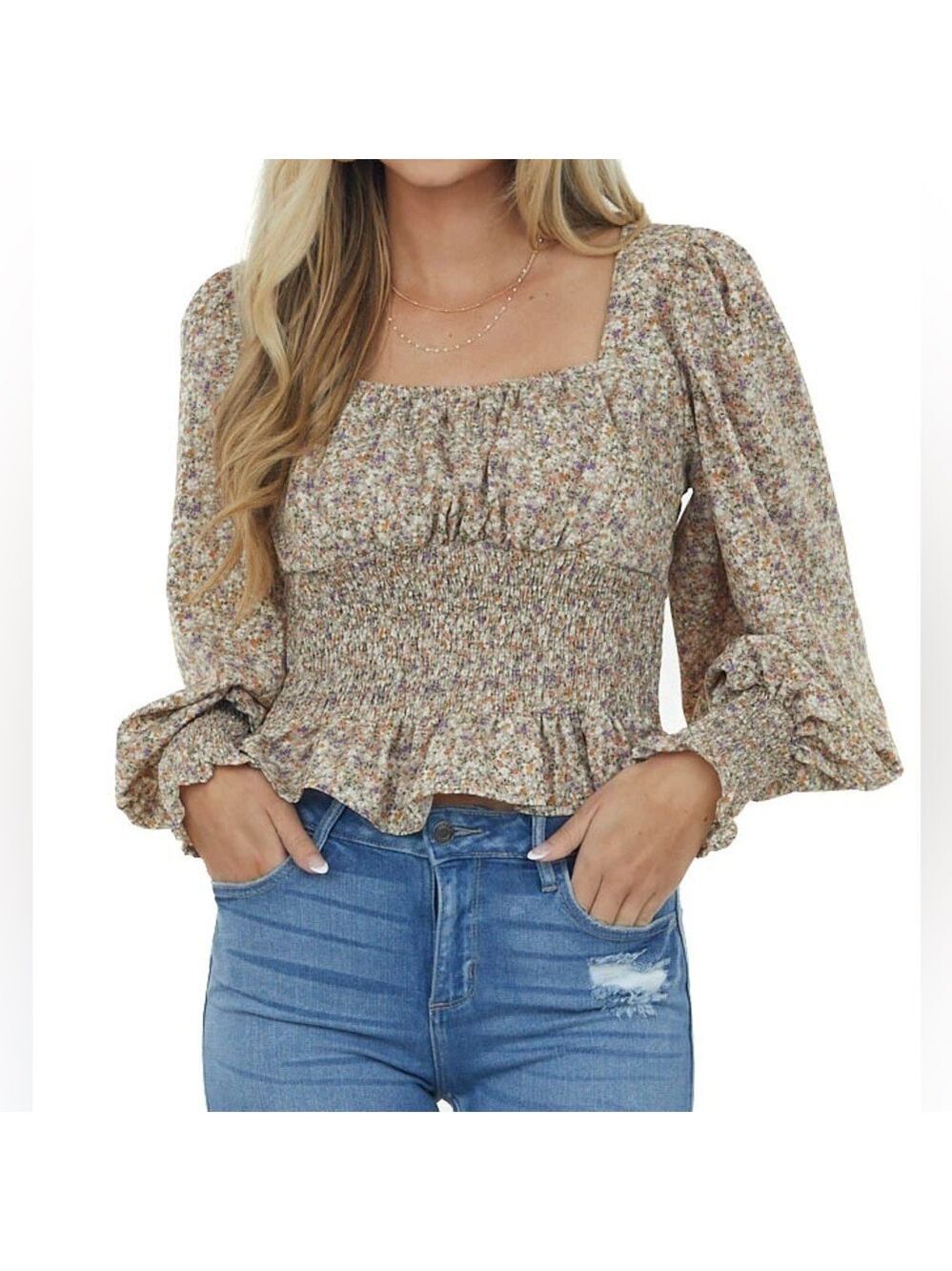 She+Sky Oatmeal Ditsy Floral Smocked Puff Sleeve Peplum Blouse